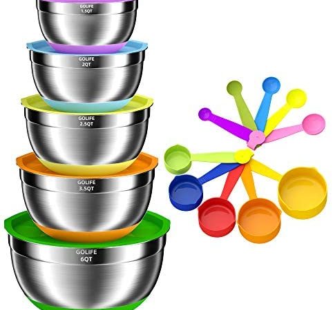 Mixing Bowls with Airtight Lids,15pcs Stainless Steel Nesting Mixing Bowls Set, GOLIFE Non-Slip...