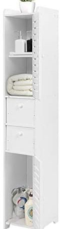 Multifunctional Tall Tower Storage Cabinet, White Wooden Bathroom Free Standing Floor Cabinet Storage Organizer Shelves (2...