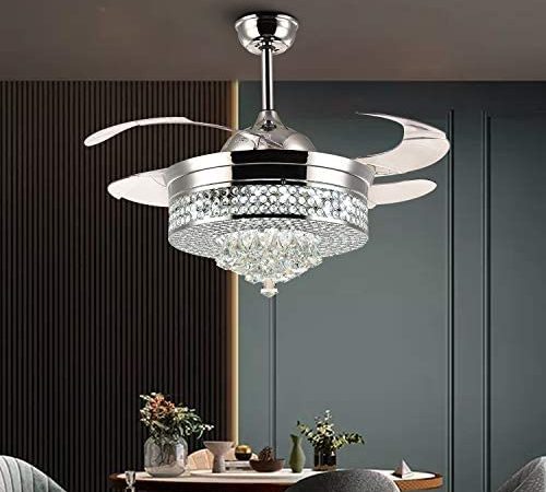 NOXARTE Crystal Ceiling Fan Lighting Fixture LED Dimmable Chandelier Retractable Invisible Blades Remote Control for Dining...
