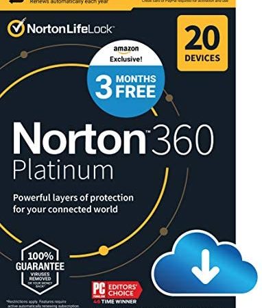 Norton 360 Platinum 2021 – Antivirus software for 20 Devices with Auto Renewal - 3 Months FREE - Includes VPN, PC Cloud...