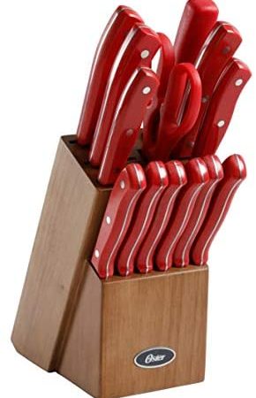 Oster Evansville 14 Piece Stainless Steel Cutlery Block Set, Red Handles