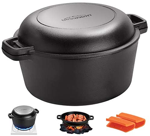 Overmont Dutch Oven 5 QT Cast Iron Casserole Pot + 1.6 QT Skillet Lid Pre Seasoned with Handle Covers & Stand for Camping...