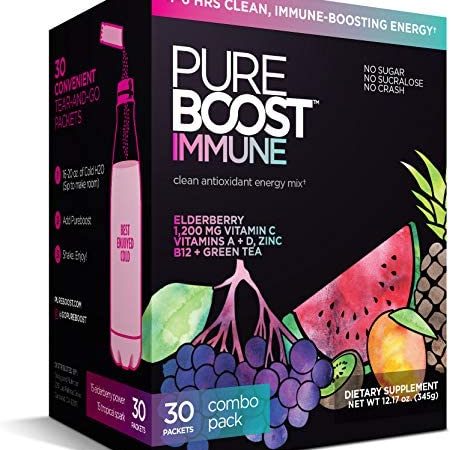 Pureboost Immune Clean Energy Drink Mix: Immunity Supplement with Elderberry, 1200 mg Vitamin C, Vitamins A + D, Zinc, 28...