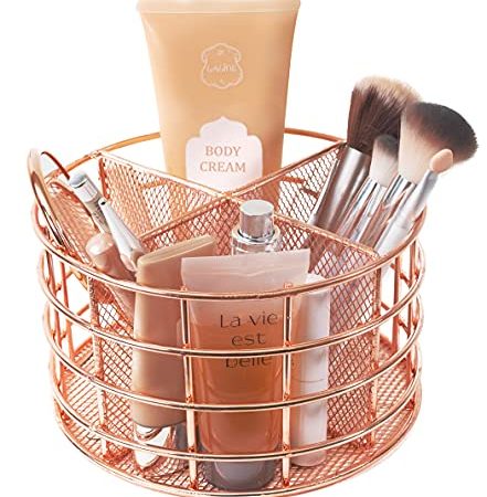 Rosework Rose Gold Makeup Brush Holder, Round Makeup Organizer For Vanity, 4 Compartment Makeup Brush Organizer and Cosmetic...