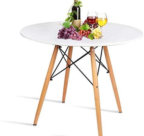 Round White Dining Kitchen Table Modern Leisure Table with Wooden Legs for Office & Conference 2 to 4 People