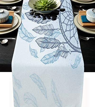 SIGOUYI Cotton Linen Table Runner 13x108in Long, Light Blue Dream Catcher Non-Slip Farmhouse Burlap Kitchen Dinner Table...