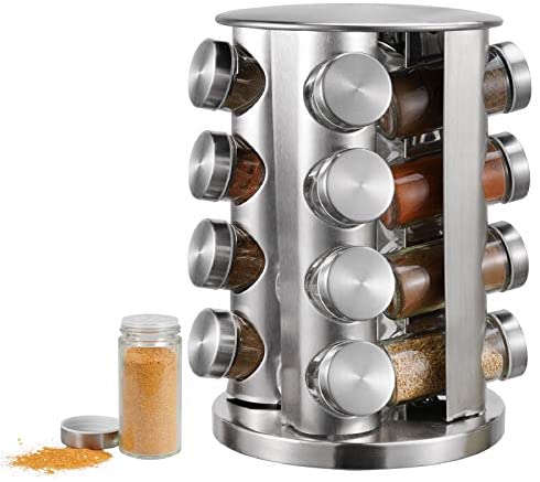 Spice Rack, kitchen rack with 16 Set of Spice Jars, Round Stainless Steel Spice Rack, Revolving...