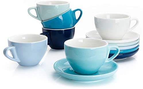 Sweese 403.003 Porcelain Cappuccino Cups with Saucers - 6 Ounce for Specialty Coffee Drinks, Latte,...