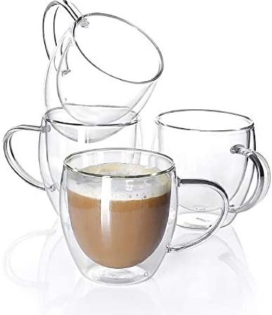 Sweese 415.101 Glass coffee mugs - 4PCS Double Wall Insulated Glass Coffee Tea Cup Set with Handle,...