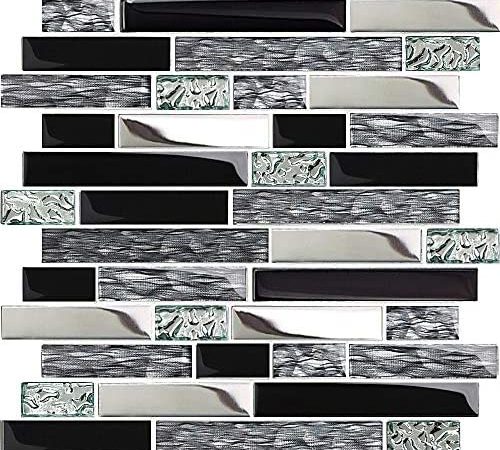 TST Glass Metal Tiles Art Mosaic Silk Black Crystal Glass Chrome Silver Steel Accent Wall Border...