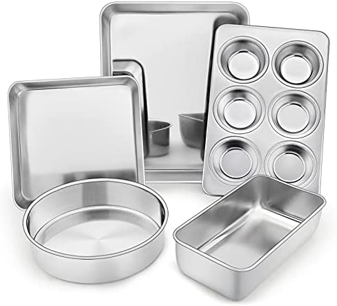 TeamFar Stainless Steel Bakeware Set of 5, Toaster Oven Baking Roasting Pans， Square/Round Cake Pan, Loaf Pan & Muffin Pan,...