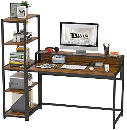 Teraves Computer Desk with 5 Tier Shelves,Reversible Writing Desk with Storage 47 Inch Study Table...