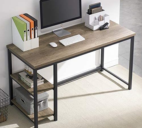 UnaFurni Computer Desk with Shelves, Wood and Metal Home Office Desk 55 Inch, Rustic Study Writing Desk, Ash Gray
