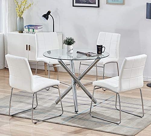 WENYU Glass Dining Table Set, Round Kitchen Table with Clear Tempered Glass Top, Modern Dining Table...