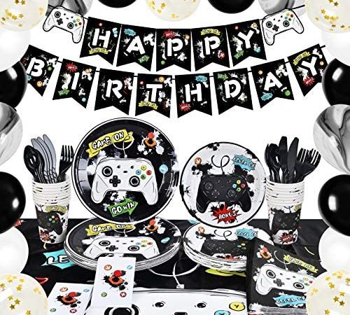 Watercolor Video Game Party Supplies - Gaming Party Decoration for Boys Birthday Banner Balloons Plates Cups Napkins...