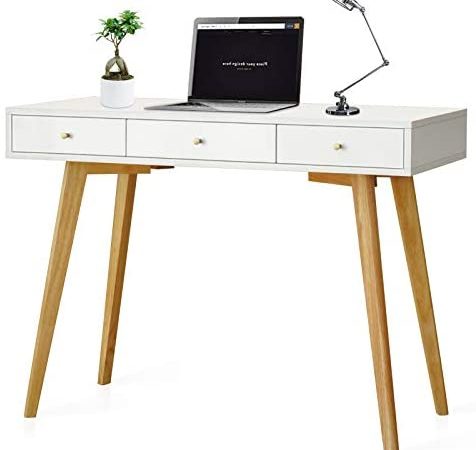 White Writing Desk Small Computer Desk Vanity Modern Desk with Drawers for Home Office Bedroom Small Table Wood Legs，Mid...