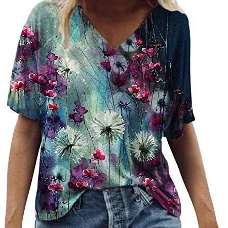 Women's Fashion Casual Loose Short Sleeve T-Shirt Scenic Flowers Printing Round Neck Plus Size Tops