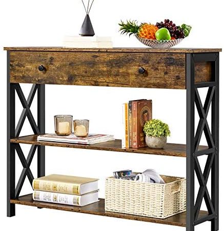 YAHEETECH Industrial Console Table with Drawer, Sofa Table Narrow Console Table for Entryway/Living Room, Entry Table with 2...