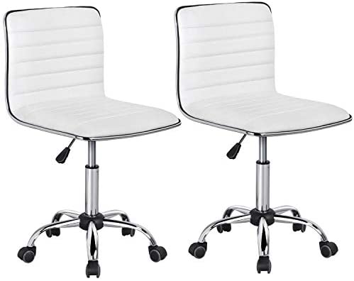 Yaheetech Adjustable Task Chair PU Leather Low Back Ribbed Armless Swivel Desk Chair Office Chair Wheels White, Set of 2
