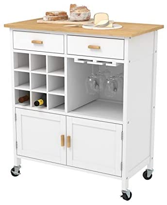mecor Kitchen Utility Island Cart w/Wood Top, Rolling Trolley on Wheels with Storage Drawer, Wine Racks and Cabinet (White)