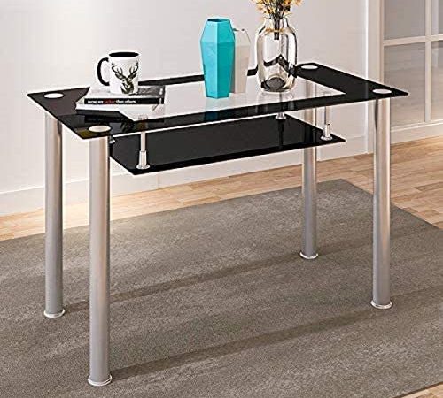 nozama Black Glass Dining Table with Chrome Legs Rectangle Black Kitchen Table with Clear Desktop Modern Glass Kitchen Dining...