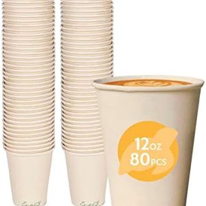 100% Compostable Disposable Coffee Cups [12oz 80 Pack] Paper Cups Made from Bamboo, Eco-Friendly,...