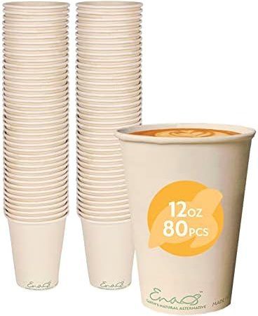 100% Compostable Disposable Coffee Cups [12oz 80 Pack] Paper Cups Made from Bamboo, Eco-Friendly,...