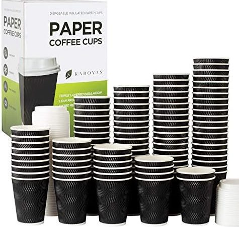 12 oz [100 Set] Togo Disposable Black Paper Coffee Cups with Lids | Hot Beverages | Expresso | Tea |...