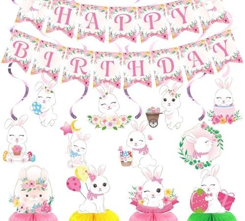 13 Pcs Easter Birthday Party Decorations Easter Birthday Banner Hanging Swirls with Bunny Honeycomb...