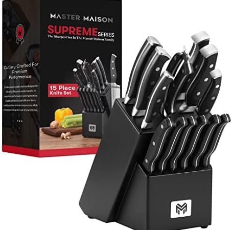 15-Piece Kitchen Knife Set Black with Wooden Block & Sharpener - Best German Forged Stainless Steel...