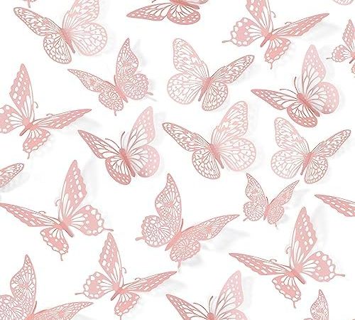 SAOROPEB 3D Butterfly Wall Decor 48 Pcs 4 Styles 3 Sizes, Pink Butterfly Birthday Decorations Pink...