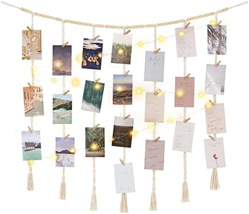 Mkono Macrame Hanging Photo Display Wall Decor with String Lights, Boho Wooden Beads Garland Collage...