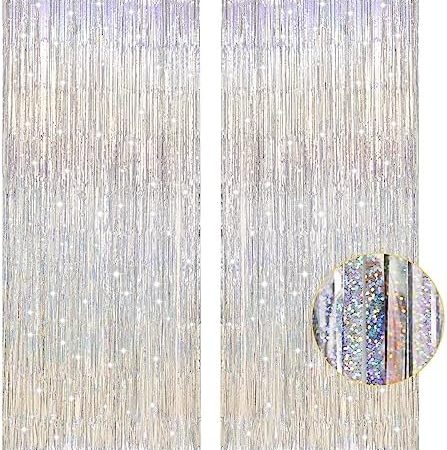 2 Pack 3.2ft x 8.2ft Silver Metallic Tinsel Foil Fringe Curtains, Door Streamer Photo Booth Backdrop...