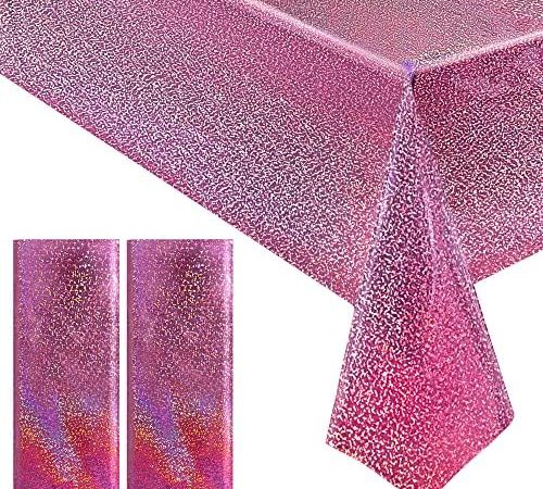 2 pcs Pink Holographic Laser Tablecloths Hot Pink Shiny Table Covers 40" x 108" Foil Disposable...