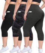 3 Pack Plus Size Leggings with Pockets for Women - High Waisted Tummy Control Spandex Soft Black...