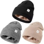 3 Pack Satin Lined Winter Beanie Hats for Women Men,Silk Lined Beanie Knit Soft Warm Cuffed Hat