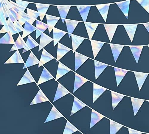 33Ft Iridescent Party Decoration Holographic Fabric Triangle Pennant Banner Flag Cotton Bunting...
