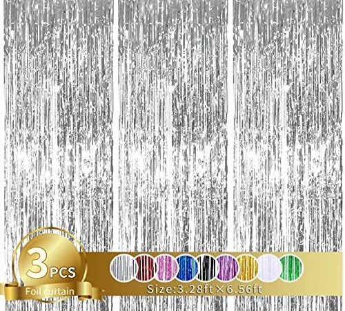 3Pcs Silver Metallic Tinsel Foil Fringe Curtains,3.28ft x 6.56ft Silver Photo Booth Backdrop...