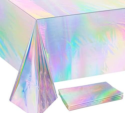 4 Pack Iridescence Plastic Tablecloths Disposable Laser Tablecloth Holographic Foil Rectangle Table...
