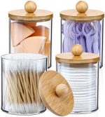 4 Pack Qtip Holder Dispenser with Bamboo Lids - 10 oz Clear Plastic Apothecary Jar Containers for...