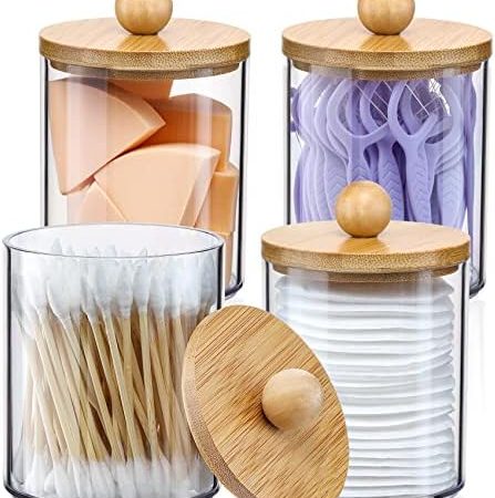 4 Pack Qtip Holder Dispenser with Bamboo Lids - 10 oz Clear Plastic Apothecary Jar Containers for...