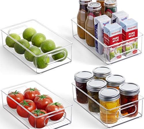 4 Pack Refrigerator Organizer Bins - BPA-Free Stackable Plastic Clear Storage Bins with Handles,...