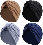 4 Pieces Turbans for Women Soft Pre Tied Knot Fashion Pleated Turban Cap Beanie Headwrap Sleep Hat,...