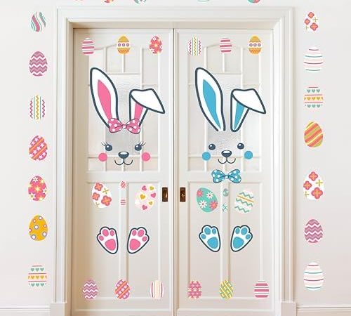 4 Sheet Easter Door Stickers Blue Pink Easter Bunny Rabbit Door Decals for Wall Window Refrigerator...