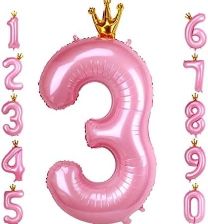 40 Inch Crown Pink Number 3 Balloon, Big Conjoined Baby Pink Foil Mylar Helium Digit 3 Balloon for...