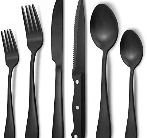 48-Piece Matte Black Silverware Set for 8, Stainless Steel Flatware Set with Steak Knives, Hand Wash...
