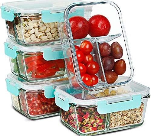 5 Pack 33.8oz Meal Prep Glass Containers 3 Compartments with Lids Glass Food Storage Containers...