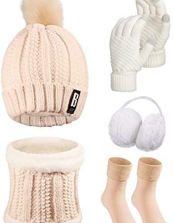5 Pcs Winter Hat Scarf Gloves Set Knit Beanie Pompom Hat Warm Touch Screen Gloves Earmuff Warmer...