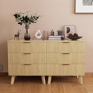 6 Drawer Dresser with Waveform Panel, Modern Chest of Drawers, Wood Storage Dresser for Bedroom...