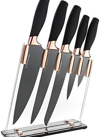 6 Piece Knife Set | 5 Beautiful Rose Gold Knives with Knife Block | Sharp Kitchen Knife Sets |...